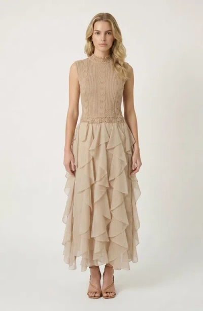 Modenaire Sleeveless Knit Dress With Crochet Detail And Layered Chiffon Ruffle Skirt In Brown