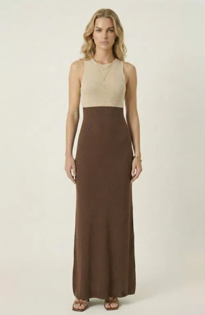 Modenaire Sleeveless Knit Two Tone Maxi Dress In Brown