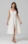 Modenaire Sleeveless Midi Dress With Smocked Waist And Front Zip In White