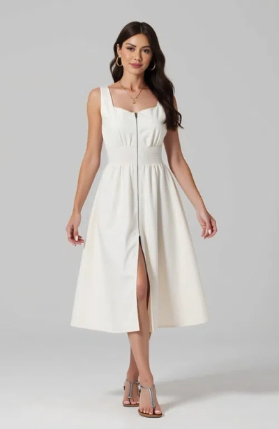 Modenaire Sleeveless Midi Dress With Smocked Waist And Front Zip In White