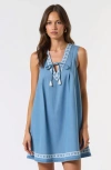 Modenaire Sleeveless Mini Dress With Embroidered Trim And Tie Front Detail