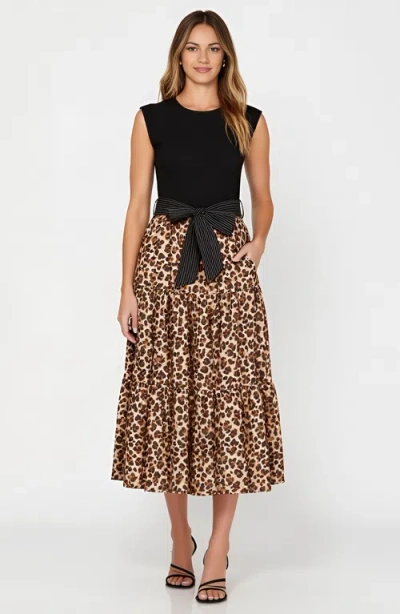 Modenaire Sleeveless Mixed-media Midi Dress With Contrast Waist Tie