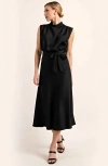 Modenaire Sleeveless Mock Neck Midi Dress With Waist Tie And Flared Hem In Black