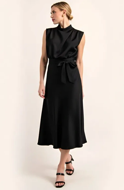 Modenaire Sleeveless Mock Neck Midi Dress With Waist Tie And Flared Hem In Black
