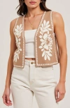 Modenaire Sleeveless Open-front Embroidered Vest With Floral Detailing In Tan/white Embroidery