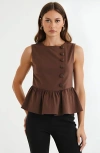 Modenaire Sleeveless Peplum Top With Asymmetric Pearl Button Front In Brown