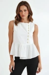 Modenaire Sleeveless Peplum Top With Asymmetric Pearl Button Front In White