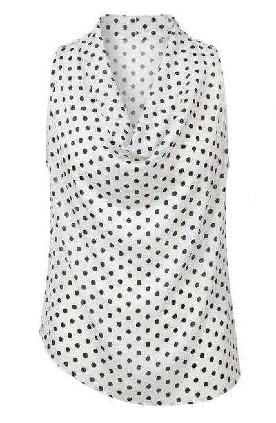 Modenaire Sleeveless Polka Dot Drape Neck Waist Tie Blouse In White