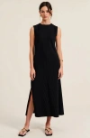 Modenaire Sleeveless Ribbed Knit Midi Dress With Side Slit And Crew Neckline In Black