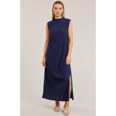Modenaire Sleeveless Ribbed Knit Midi Dress With Side Slit And High Neckline In Blue