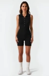 Modenaire Sleeveless Ribbed Romper With Polo Collar And Button Front Detail In Black