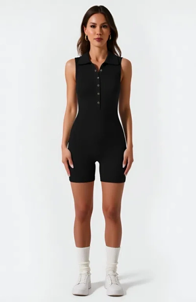 Modenaire Sleeveless Ribbed Romper With Polo Collar And Button Front Detail In Black