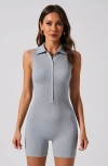 Modenaire Sleeveless Ribbed Romper With Polo Collar And Button Front Detail In Gray