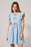 Modenaire Sleeveless Ruffle Denim Mini Dress With Bow-tie Front In Blue