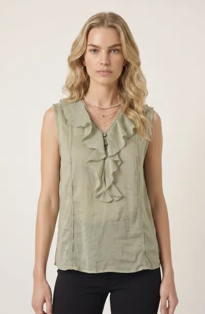 Modenaire Sleeveless Ruffle Front Blouse With Lace Inset Trim And V Neckline In Green