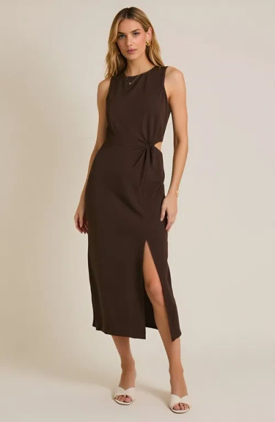 Modenaire Sleeveless Side Twist Front Slit Midi Dress In Brown