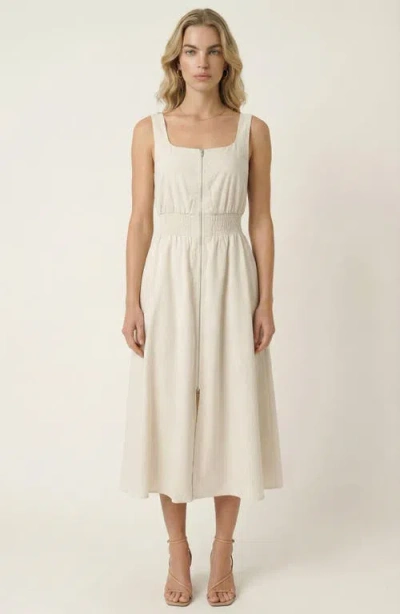 Modenaire Sleeveless Smocked Front Zip Midi Dress In White