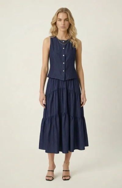 Modenaire Sleeveless Structured Top And Tiered Midi Skirt Set In Blue