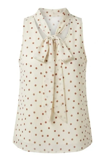 Modenaire Sleeveless Tie Neck Polka Dot Blouse In White