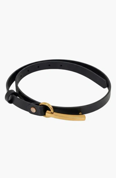 Modenaire Slim Leather Minimal Hardware Bar Buckle Belt In Black