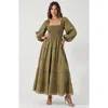 Modenaire Smocked Bodice Maxi Dress With Lace Inset Tiers And Long Puff Sleeves In Green