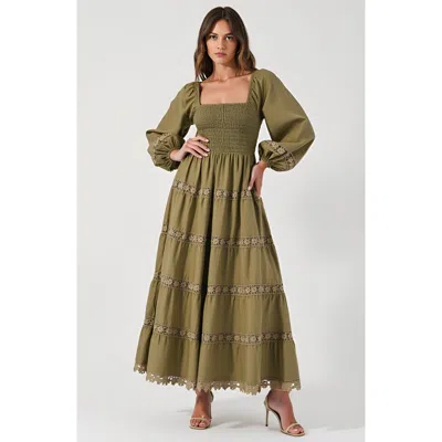 Modenaire Smocked Bodice Maxi Dress With Lace Inset Tiers And Long Puff Sleeves In Green
