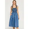 Modenaire Smocked Midi Dress With Ruffled Straps And Gathered Skirt In Blue