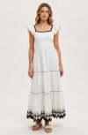 Modenaire Smocked Bodice Tiered Maxi Dress With Flutter Sleeves And Embroidered Hem In White