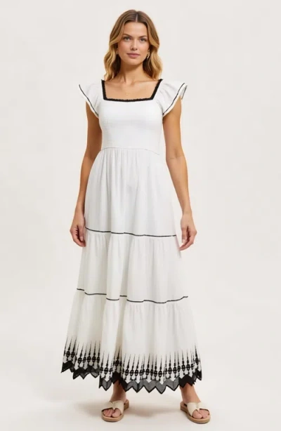 Modenaire Smocked Bodice Tiered Maxi Dress With Flutter Sleeves And Embroidered Hem In White