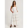 Modenaire Smocked Bodice Tiered Maxi Dress With Ruffle Straps And Trim Details In White