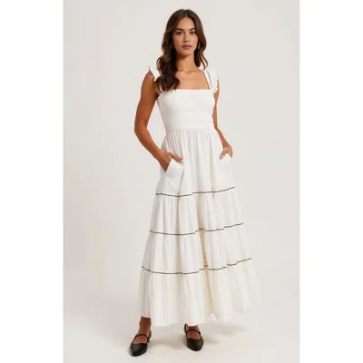 Modenaire Smocked Bodice Tiered Maxi Dress With Ruffle Straps And Trim Details In White