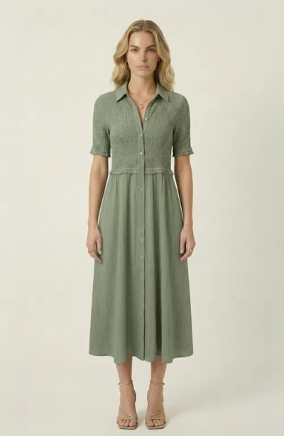 Modenaire Smocked Button Front Midi Dress In Green