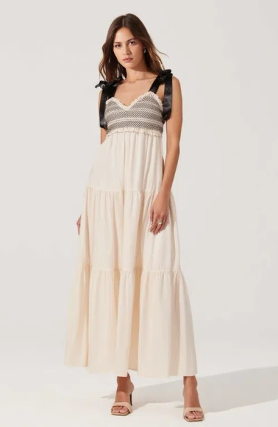 Modenaire Smocked Lace-trim Maxi Dress With Satin Bow-tie Straps In Beige/black