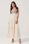 Modenaire Smocked Lace-trim Maxi Dress With Satin Bow-tie Straps In Multi