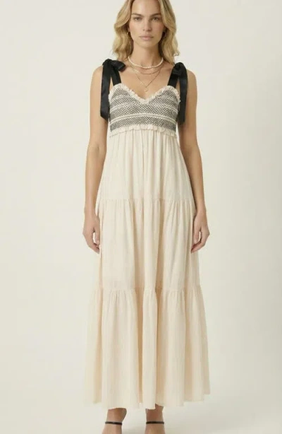 Modenaire Smocked Lace-trim Maxi Dress In Neutral