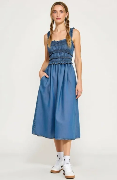 Modenaire Smocked Midi Dress With Ruffled Straps And Gathered Skirt In Blue