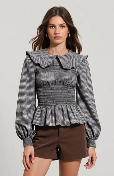 Modenaire Smocked Peplum Blouse With Oversized Collar And Long Sleeves In Gray