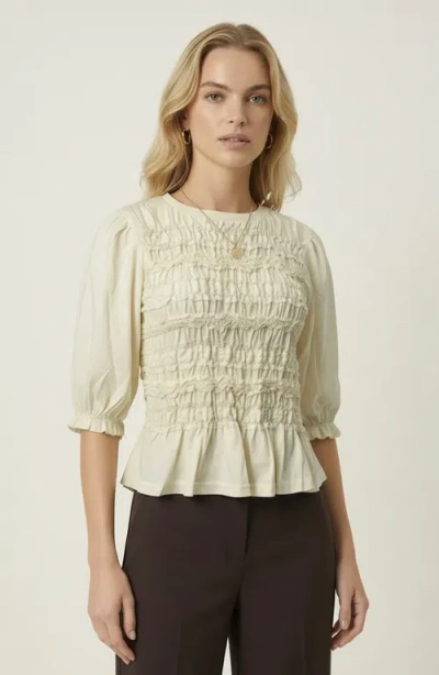 Modenaire Smocked Peplum Puff Sleeve Blouse In Neutral
