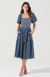Modenaire Smocked Puff-sleeve Midi Dress With Tiered Skirt And Pockets