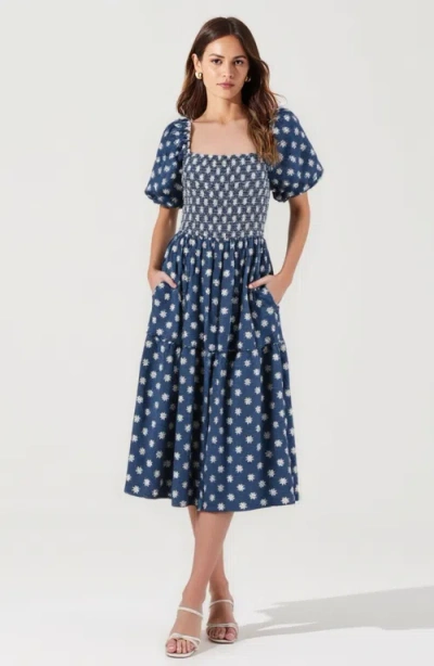 Modenaire Smocked Puff-sleeve Midi Dress With Tiered Skirt And Pockets