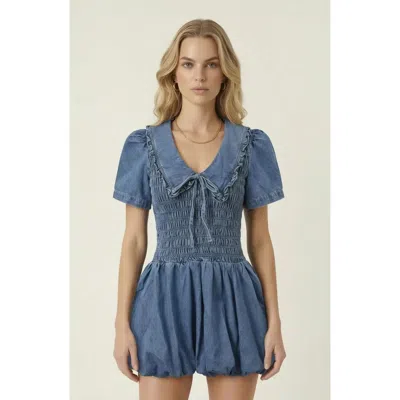Modenaire Smocked Ruffle Collar Mini Dress In Blue