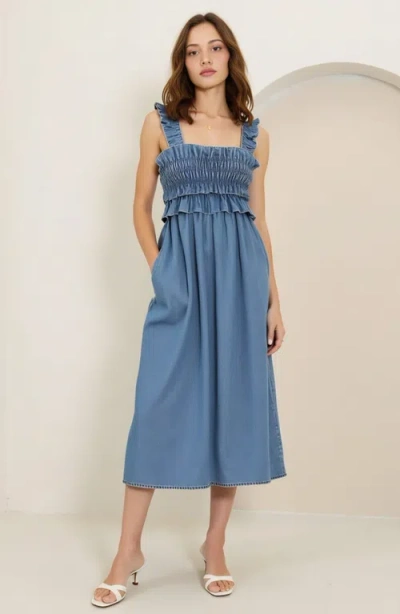 Modenaire Smocked Ruffle Strap Midi Dress With Flowy Skirt In Blue