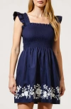 Modenaire Smocked Ruffle Strap Mini Dress With Floral Embroidery Hem