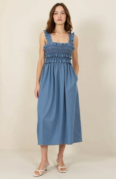 Modenaire Smocked Ruffle Strap Square Neck Flowy Midi Dress In Blue