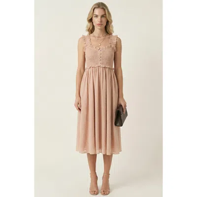 Modenaire Smocked Ruffle Straps Midi Dress In Nude