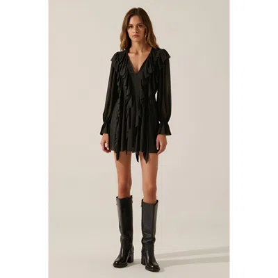 Modenaire Solid Knit Romper With V-neck Tie Closure, Cascading Ruffles And Long Bubble Sleeves In Black