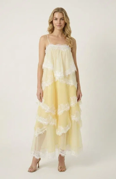 Modenaire Spaghetti Strap Layered Lace Maxi Dress In Yellow