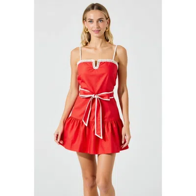 Modenaire Spaghetti Strap Mini Dress With Crochet Trim And Tie Waist In Red