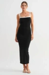Modenaire Square Neck Contrast Trim Fitted Midi Dress In Black