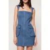 Modenaire Square Neck Denim Mini Dress With Flap Patch Pockets In Blue